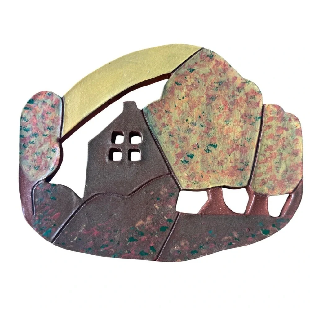 Vintage 1996 Signed‎ Terracotta Folk Art Wall Plaque Studio Pottery Landscape